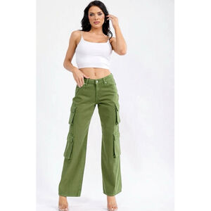 WOMEN'S BUTTON CLOSURE CARGO POCKETS WIDE LEG DENIM PANTS